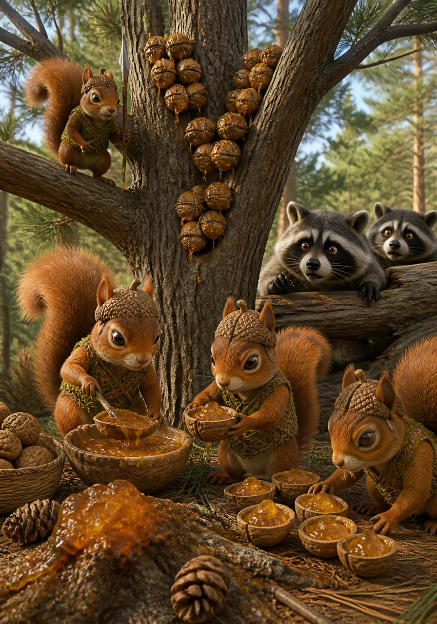 The ground troops gather sticky pine resin and hollowed-out walnuts to create clever traps for the intruders. They stack their ammunition neatly in the forks of the trees, ready to rain down a sticky surprise on anyone who dares to cross the boundary.