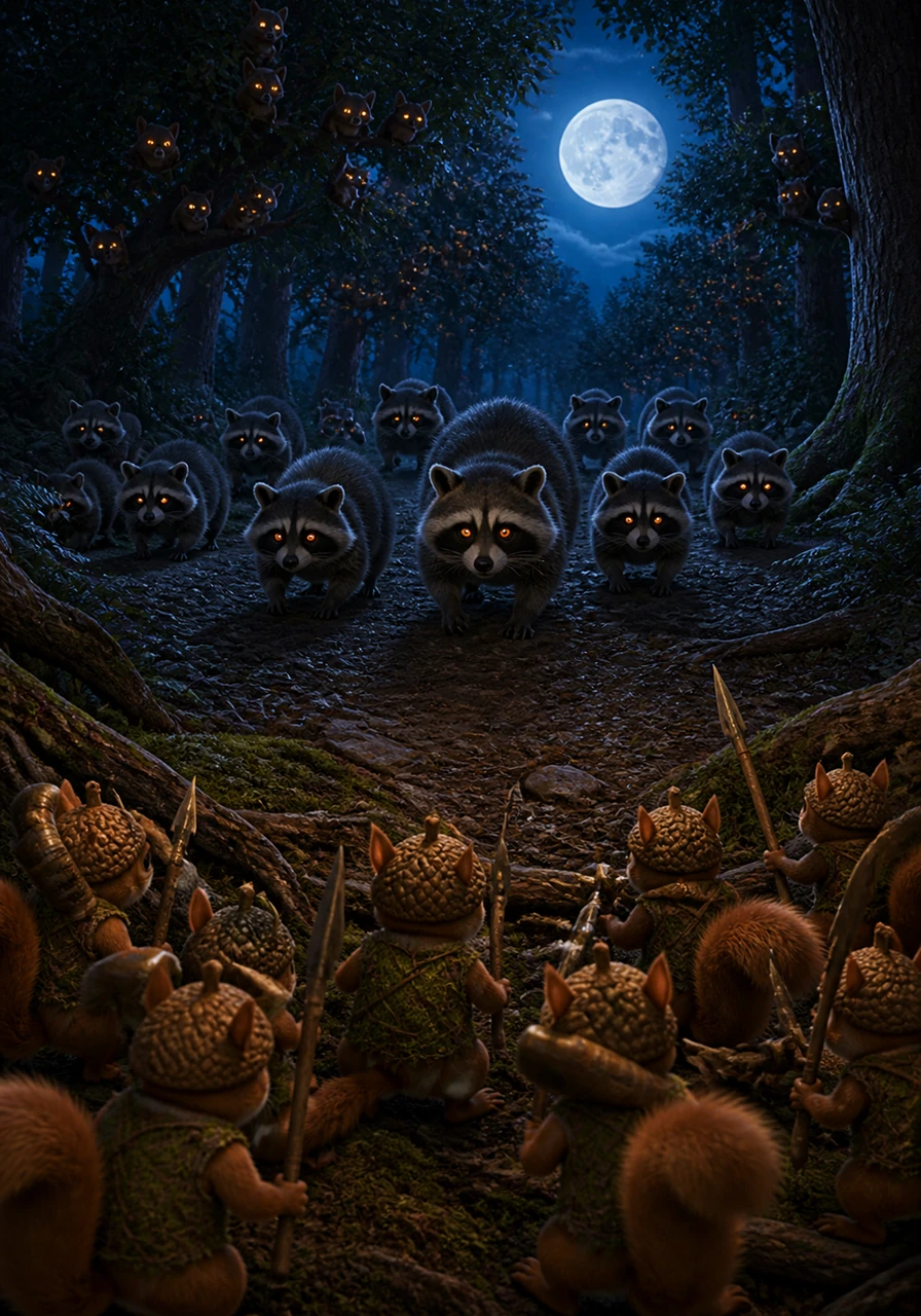 As the moon rises, a dozen masked raccoons emerge from the shadows, their eyes glowing like tiny embers in the dark. They creep toward the squirrel territory with heavy steps, unaware that hundreds of tiny eyes are watching their every move from the canopy.