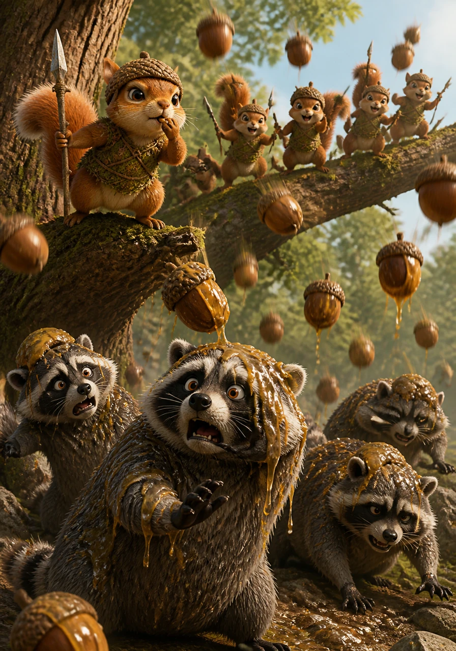 With a sharp whistle from Nutmeg, the battle begins as a barrage of resin-filled acorns falls like heavy rain from the sky. The raccoons scramble in confusion, their fur getting matted with the sticky sap as the squirrels cheer from the safety of the heights.