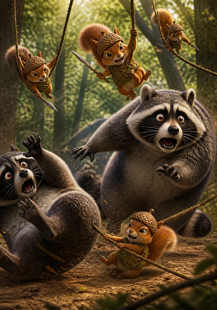 A brave squad of squirrels swings down on sturdy vines, using their momentum to distract and trip the much larger raccoons. They move with lightning speed, weaving between the heavy paws of their opponents to keep them off balance and frustrated.