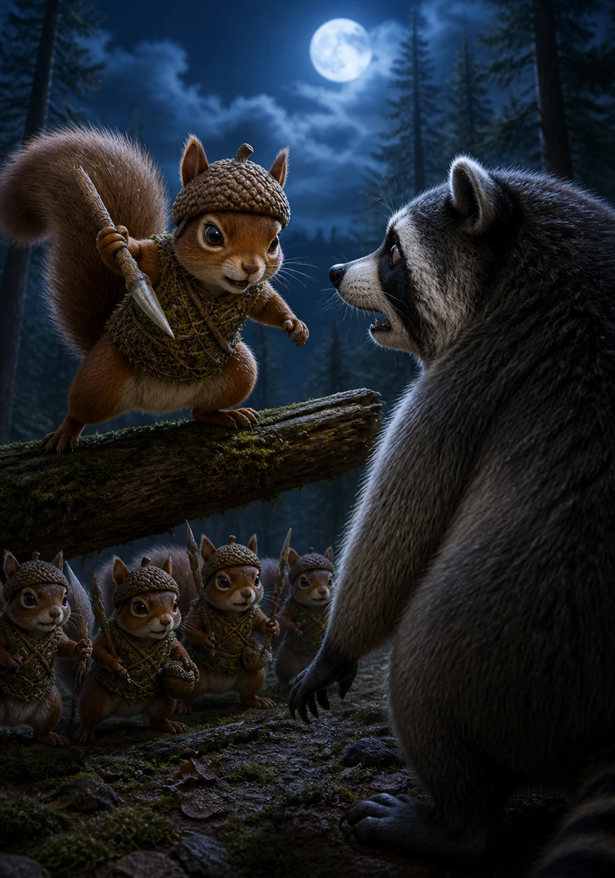 Nutmeg leaps down to a mossy log to face the raccoon leader, brandishing a needle-sharp splinter of silver wood. The two leaders stare each other down in the moonlight, a tense test of will between the small, determined defender and the large, surprised raider.