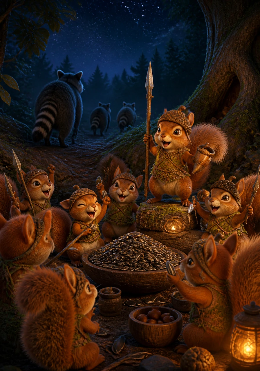 Realizing the squirrels are far too organized and brave to defeat, the raccoons turn and retreat back into the deep woods. The forest erupts in joyful chattering as Nutmeg and his militia celebrate their hard-won victory with a feast of sunflower seeds under the stars.