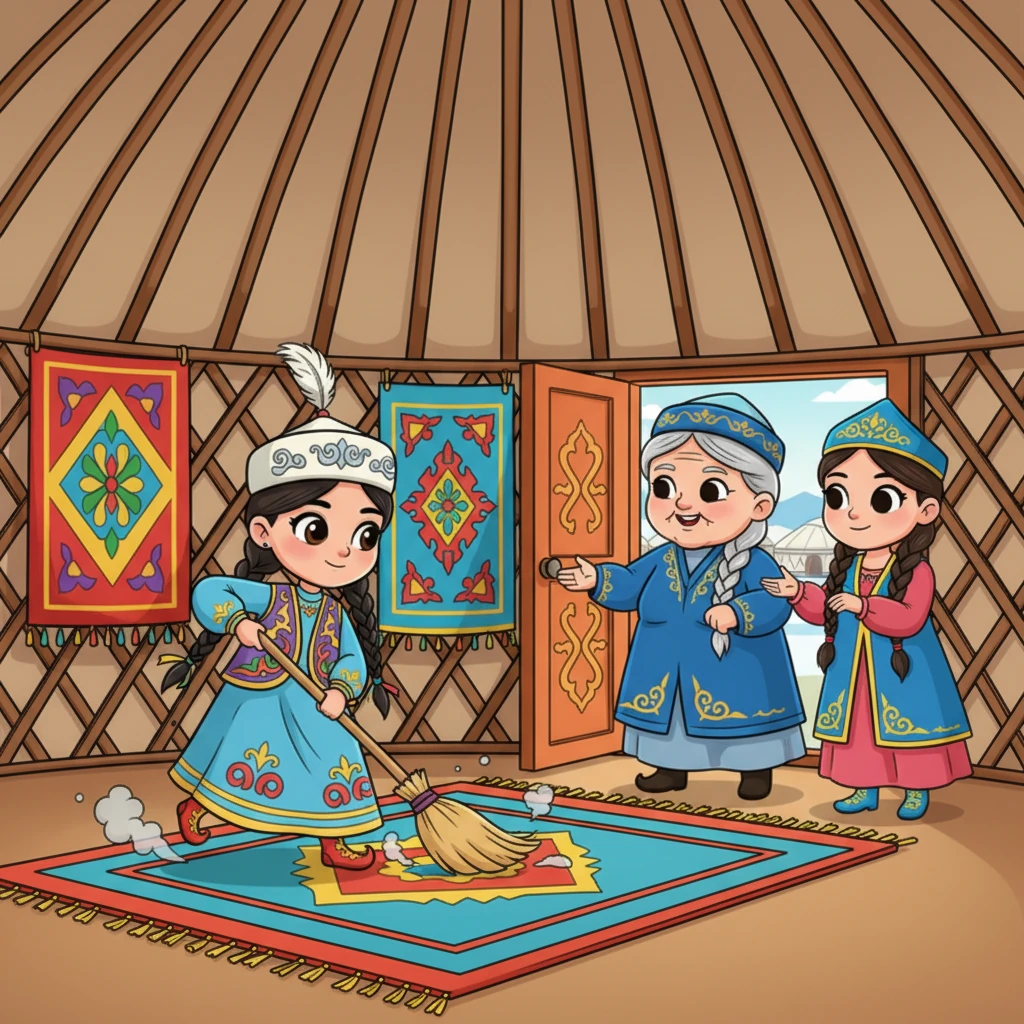 Айдана әжесіне киіз үйді тазалауға көмектесіп, ескіні сыпырып, жаңаны қарсы алады. Олар түрлі-түсті өрнекті кілемдер мен кестелерді іліп, бәрін жарқын және мерекелік етеді. Көршілер келіп, жылы лебіздері мен жаңа жылға деген ізгі тілектерін айтады.