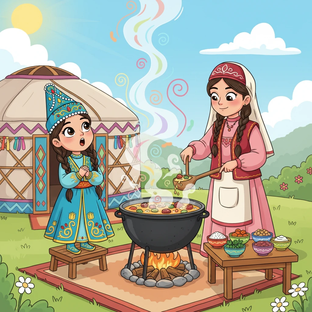 Әуе Наурызкөженің, дәстүрлі мерекелік сорпаның дәмді иісіне толады. Айдана анасының үлкен қазанды араластырып, жеті ерекше ингредиентті қосып жатқанын таңдана қарайды. Бұл ерекше тағам жаңа жылдағы молшылық пен берекенің символы.