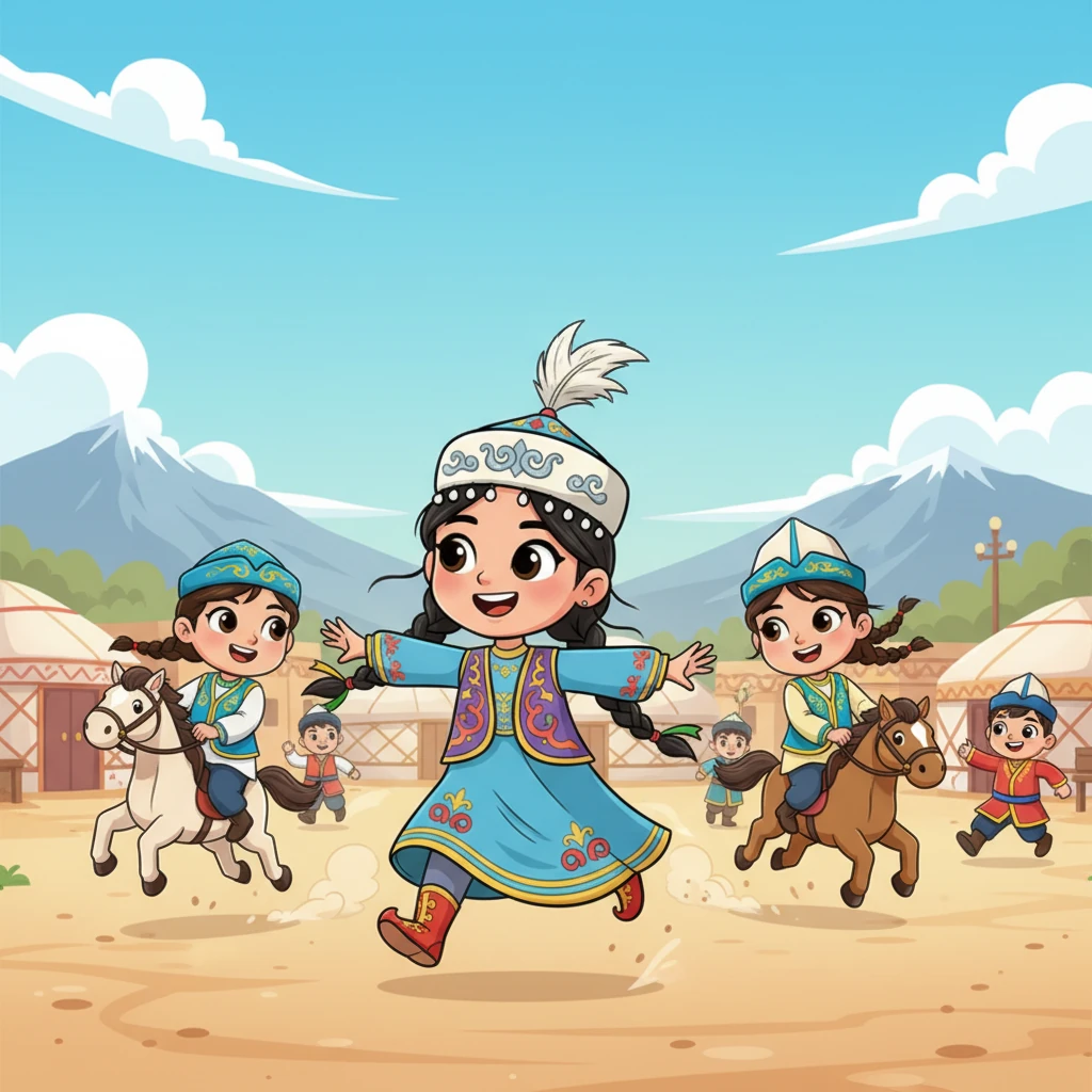 Сыртта ауыл алаңы ұлттық ойындарға жиналған балалардың қуанышты дауыстарына толы. Айдана "Ақсүйек" ойынында досын ұстауға тырысып күледі, ал басқалары шапшаң аттарымен "Қыз қуу" ойынында жарысады. Қуанышты айқайлар мен шапқан аттардың дауысы ауаны кернейді.