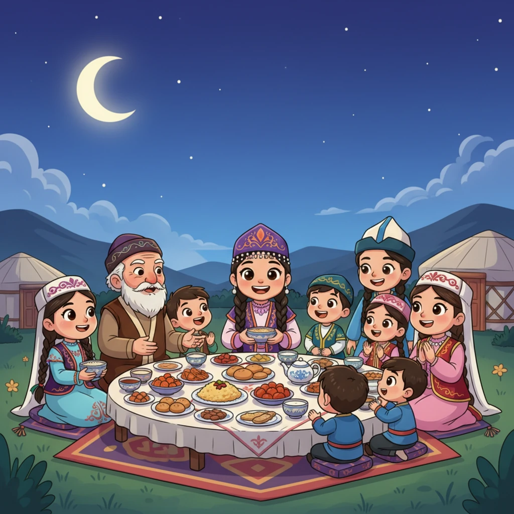 Кеш батқанда, отбасылар кең көк аспан астына жиналып, үлкен ортақ дастарханда тамақ пен күлкі бөліседі. Дастархан дәмді тағамдарға толы, барлығы мерекелік көңіл-күйді тамашалайды. Ақсақалдар ертегілер айтып, жастар таңдана тыңдайды.