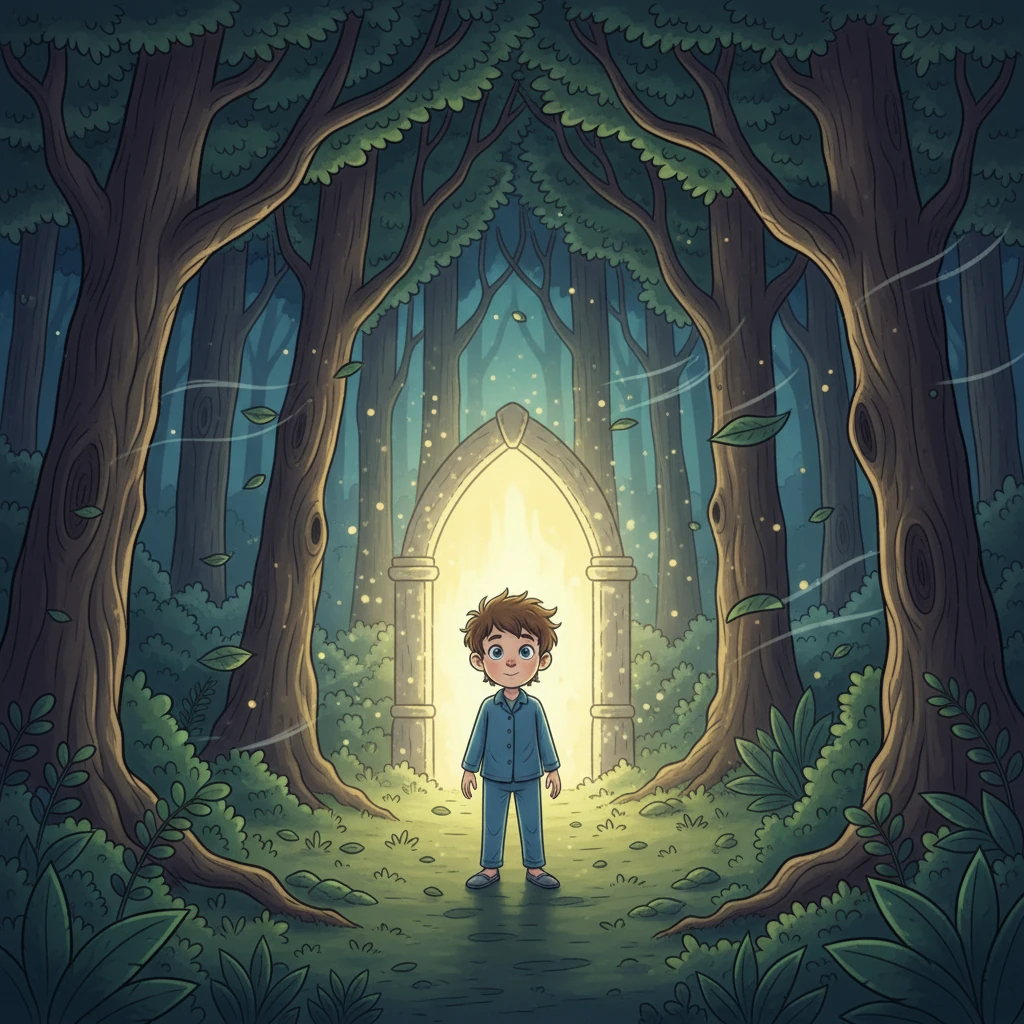 Curios, Luca a ieșit afară și a pornit spre pădure. Arborii înalți se întindeau deasupra lui, iar sunetul vântului prin frunze îi șoptea secrete. Urmând lumina, a ajuns la o poartă strălucitoare.