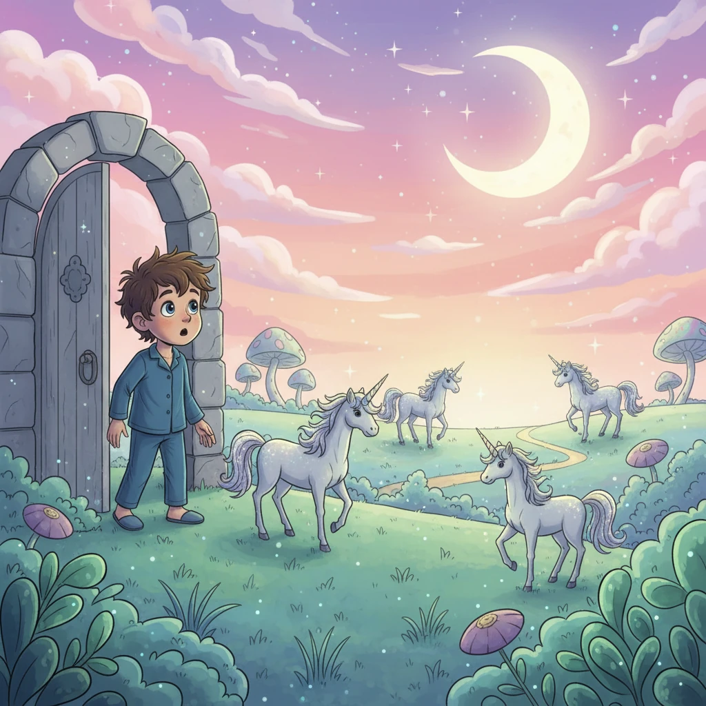 Poarta s-a deschis și Luca a pășit într-o lume de vis, Țara Viselor. Cerul era colorat în nuanțe de roz și violet, iar pe câmpuri pasc unicorni argintii. Totul părea magic și uimitor.