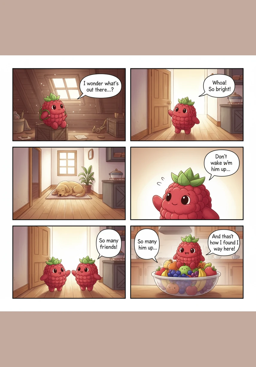 Dans un jardin enchanté baigné d'une lumière dorée, une framboise géante commence à s'agiter sur sa branche. Elle s'entrouvre délicatement pour laisser apparaître Framby, un adorable bébé framboise avec des mini-baies roses en guise de cheveux et de grands yeux pétillants de curiosité.