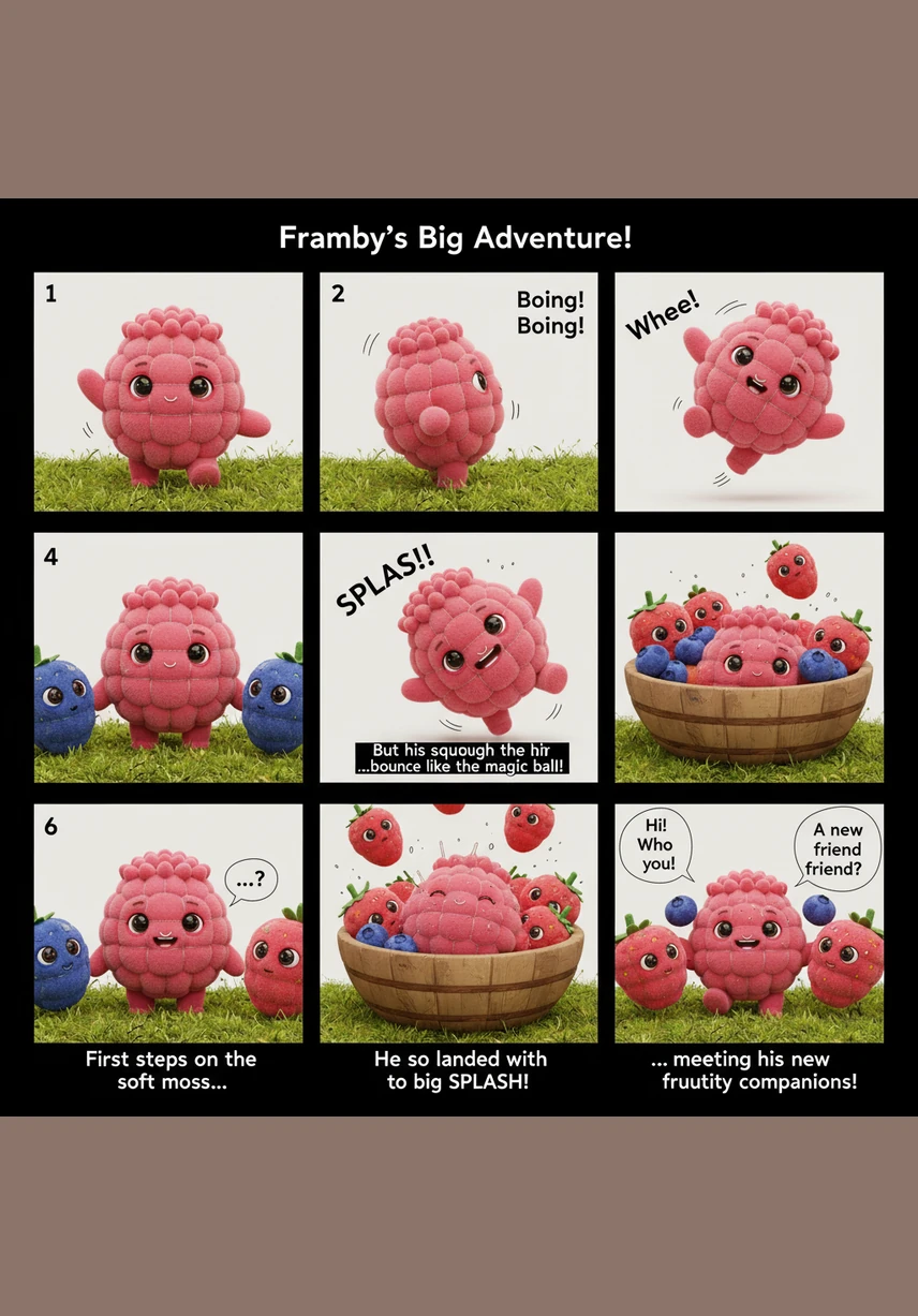 Framby tente ses premiers pas sur le sol moussu, mais son corps tout juteux le fait rebondir comme une balle magique. Il finit sa course avec un grand plouf dans un bol de fruits, sous les regards ébahis des fraises et des myrtilles qui se demandent quel est ce drôle de nouveau compagnon.