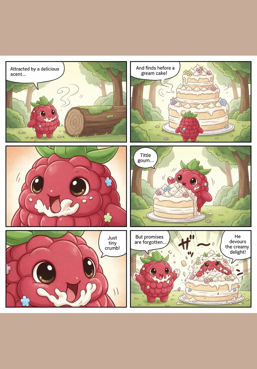 Attiré par une odeur délicieuse, le petit gourmand se retrouve face à un immense gâteau à la crème décoré de fleurs en sucre. Ses yeux s'écarquillent de désir et, malgré sa promesse de n'en prendre qu'une miette, il commence à dévorer la crème onctueuse à toute vitesse.