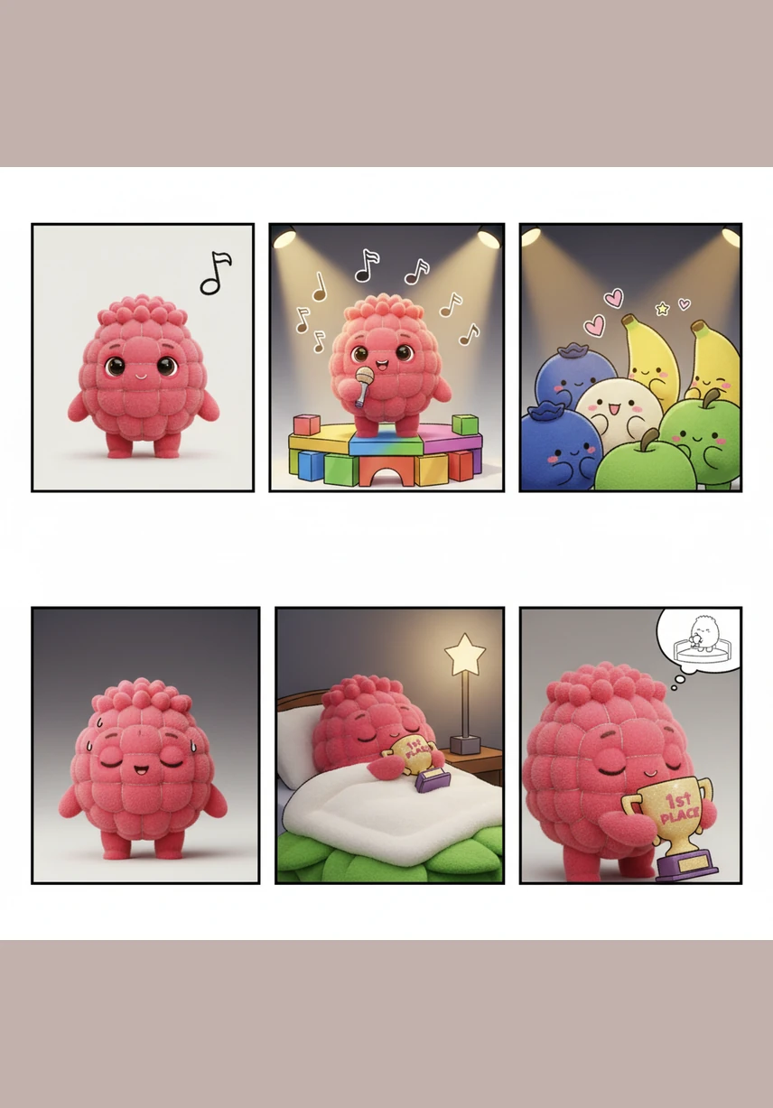 Après avoir englouti la totalité du gâteau, Framby est devenu aussi rond et gonflé qu'un gros ballon de baudruche. Lorsqu'il essaie de marcher, il perd l'équilibre et se met à rouler comme une boule géante à travers les allées du jardin, provoquant la panique chez ses amis les fruits.