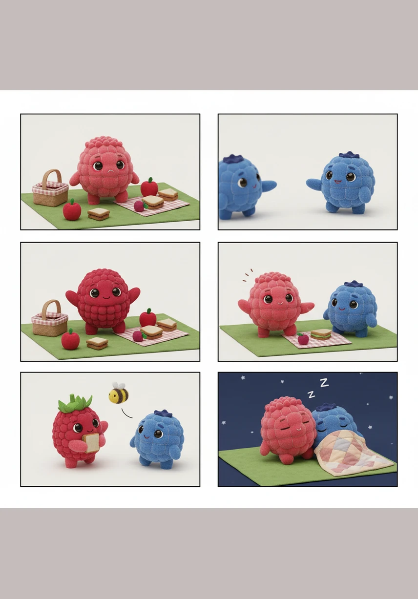 C'est le chaos total dans le verger alors que Framby dévale les pentes, renversant des pyramides de pommes et faisant valser des bananes dans les airs. Il rebondit avec fracas sur une pastèque géante, transformant le paisible jardin en un tourbillon de fruits colorés qui volent partout.