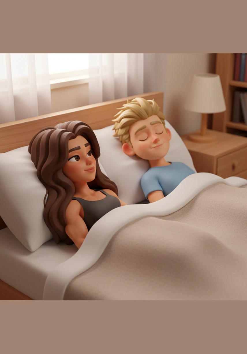 I turn my head slightly to look at him, my dark hair spilling over the pillow in a messy tangle. He looks so peaceful, his blonde hair ruffled and his features softened in sleep, radiating that pure golden retriever energy I’ve grown to adore.