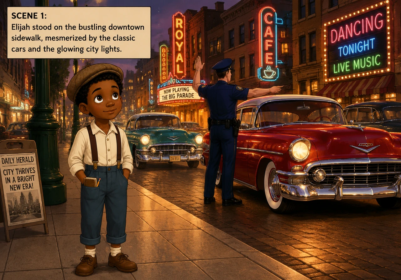 Elijah stood on the sidewalk, mesmerized by the shiny chrome bumpers of the passing cars and the colorful neon signs of the 1950s downtown. He didn't
