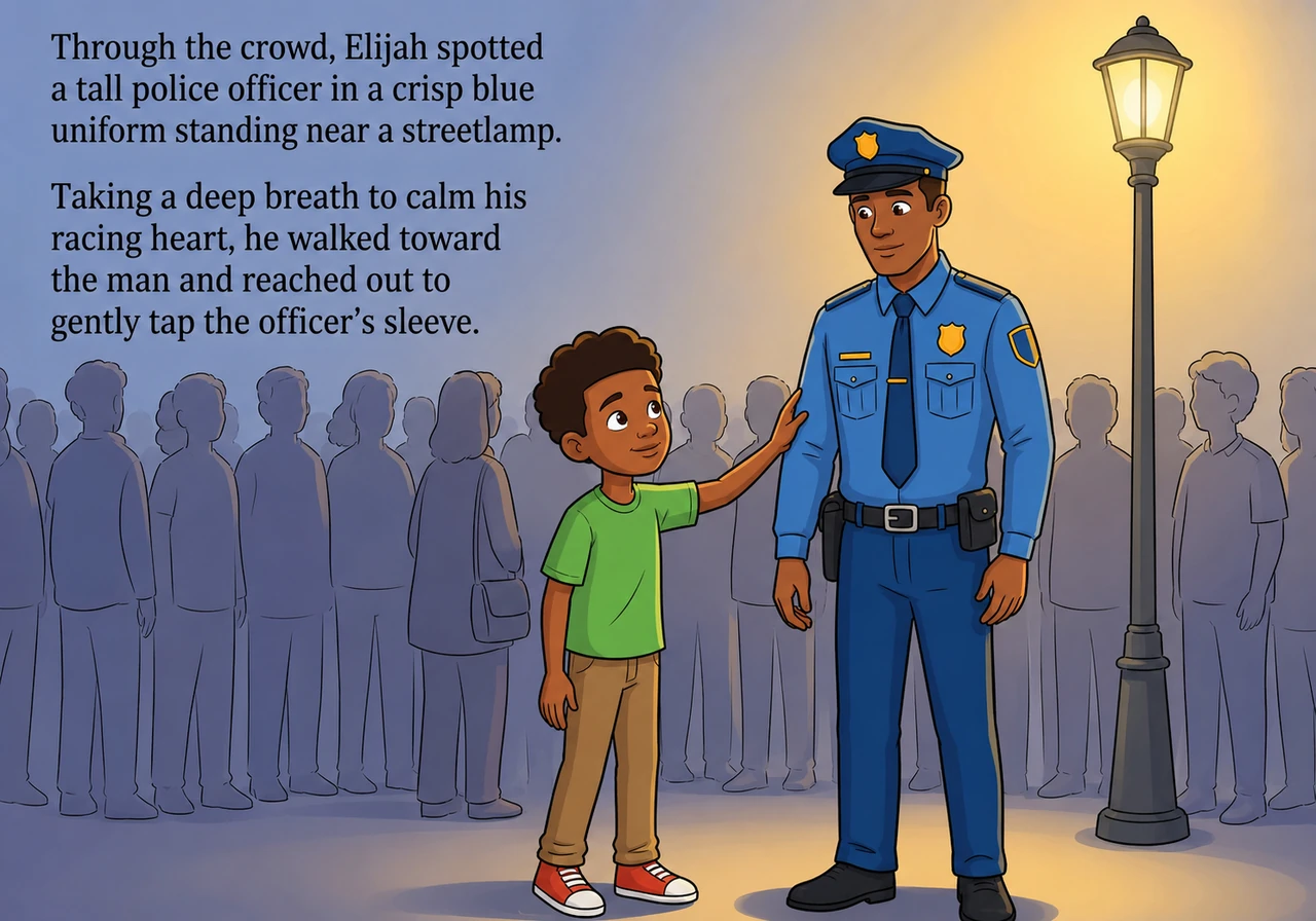 Through the crowd, Elijah spotted a tall police officer in a crisp blue uniform standing near a streetlamp. Taking a deep breath to calm his racing he