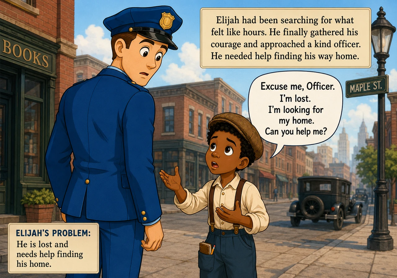 The officer turned around, looking down with a surprised expression at the young boy in the newsboy cap and suspenders. Elijah began to move his hands