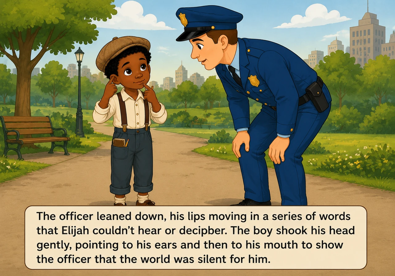 The officer leaned down, his lips moving in a series of words that Elijah couldn't hear or decipher. The boy shook his head gently, pointing to his ea