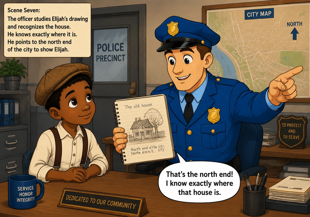 The officer took the notebook, studying the detailed drawing with a focused and thoughtful gaze. A look of recognition crossed his face as he pointed
