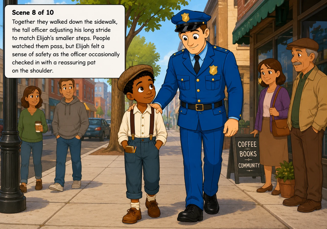 Together they walked down the sidewalk, the tall officer adjusting his long stride to match Elijah’s smaller steps. People watched them pass, but Elij