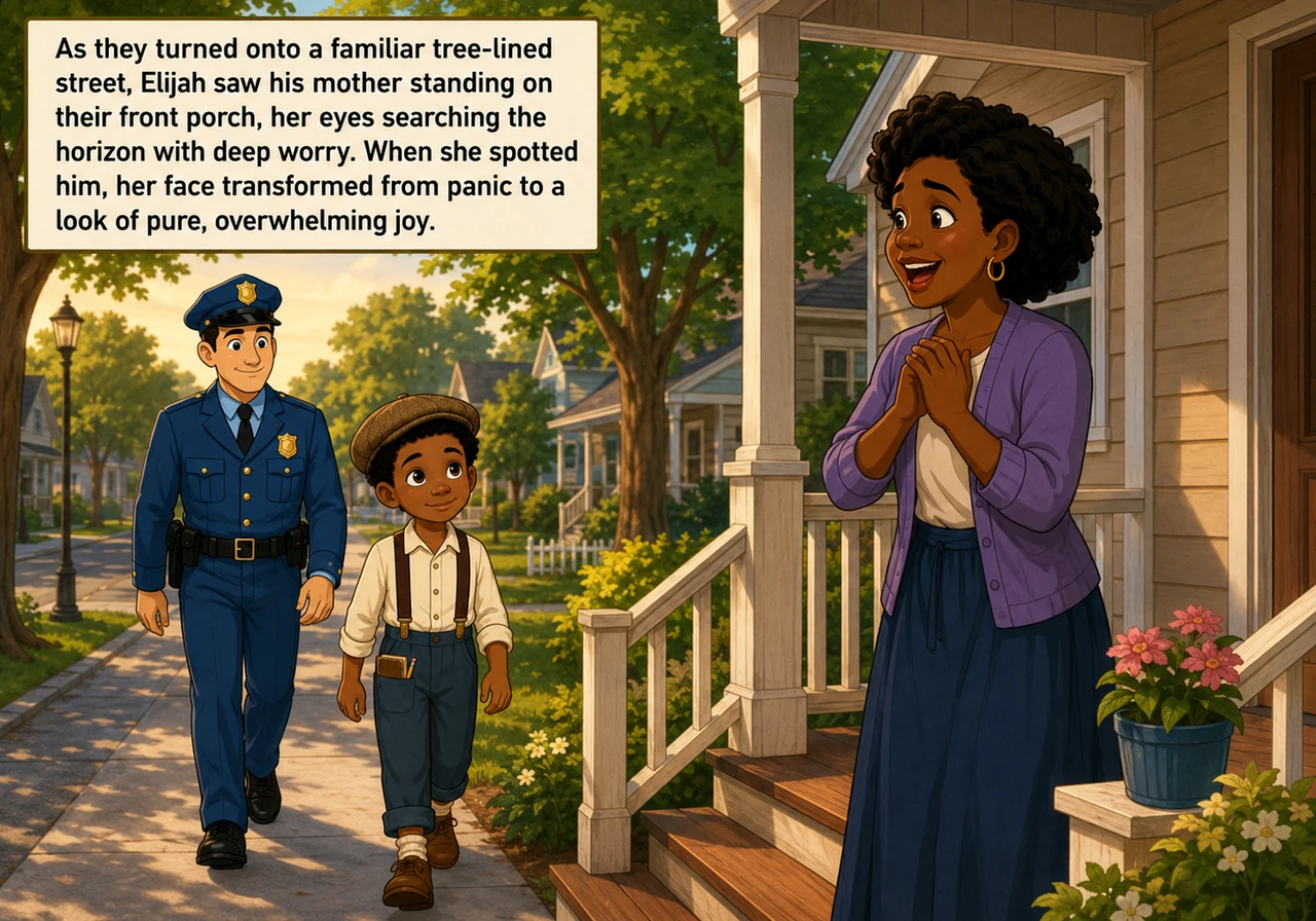 As they turned onto a familiar tree-lined street, Elijah saw his mother standing on their front porch, her eyes searching the horizon with deep worry.
