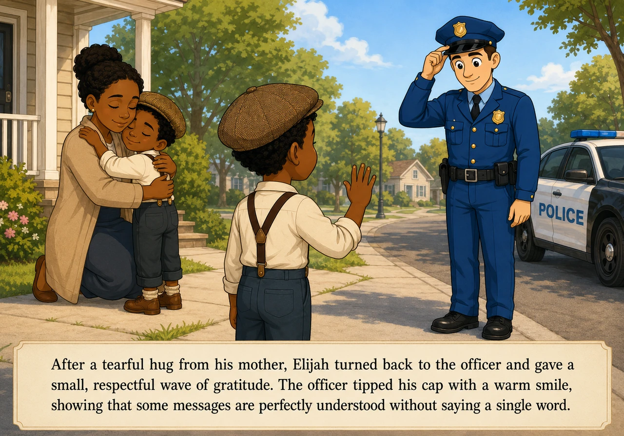 After a tearful hug from his mother, Elijah turned back to the officer and gave a small, respectful wave of gratitude. The officer tipped his cap with