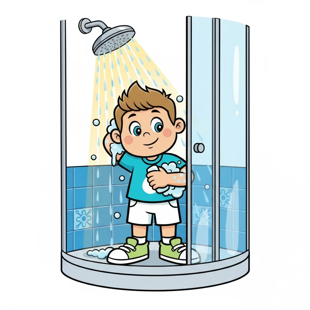 Freshy hopped into the shower, grabbed a bar of bubbly soap, and carefully washed their armpits. The warm water and fragrant soap felt wonderful! Freshy scrubbed gently, making sure to reach every spot.