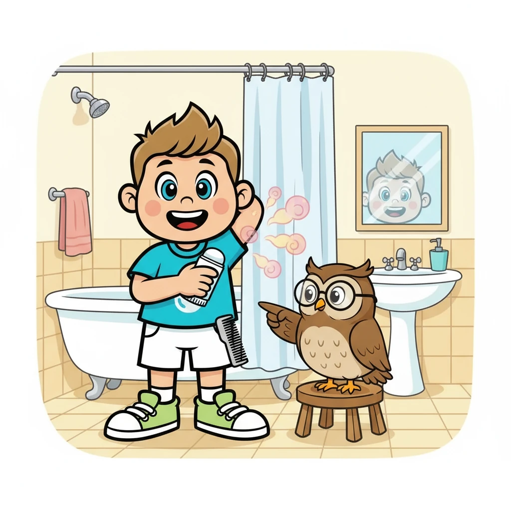 After the shower, Freshy learned about deodorant. The owl explained that deodorant helps to block the smell. Freshy carefully applied a bit of deodorant, smelling a pleasant aroma.
