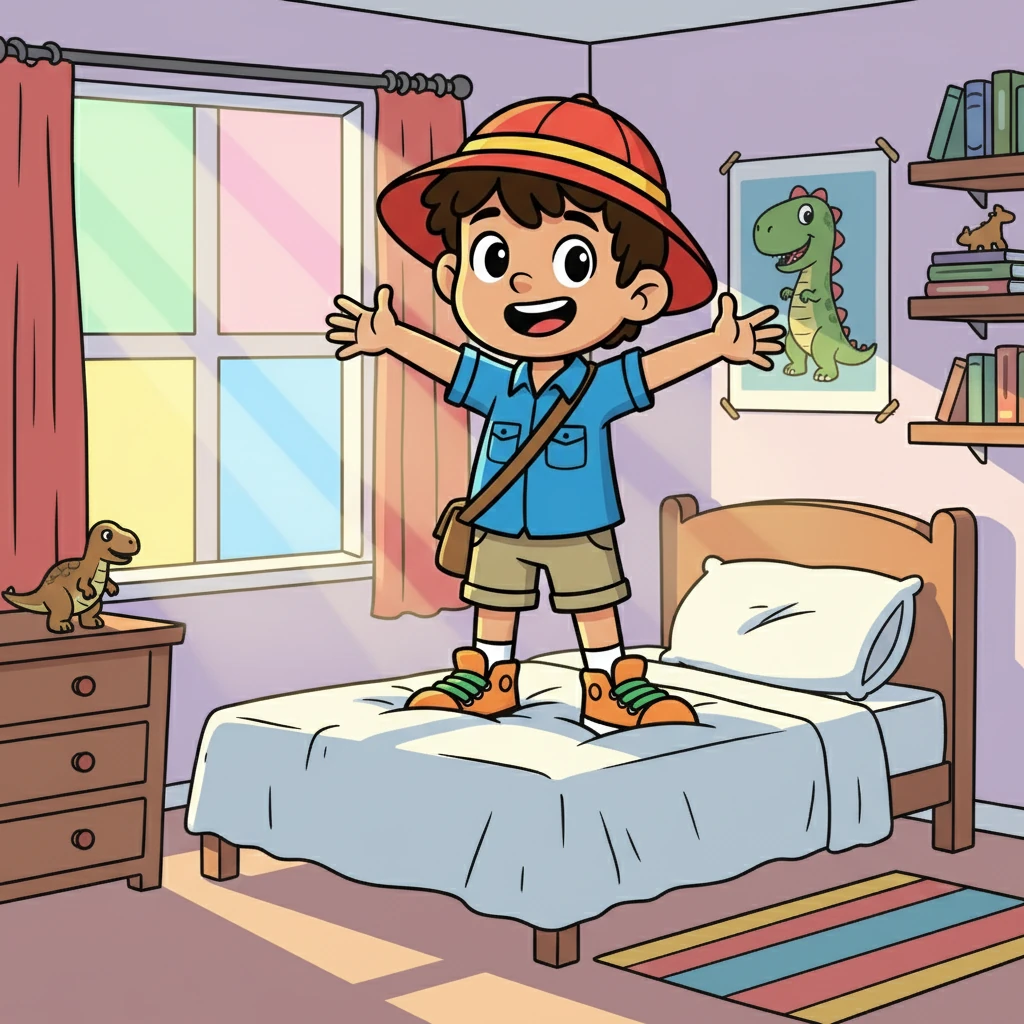 Op een zonnige ochtend werd Anas wakker met een groot idee. Hij sprong uit bed met een stralende lach. “Vandaag ga ik een echte dinosaurus vinden!” riep hij vrolijk.