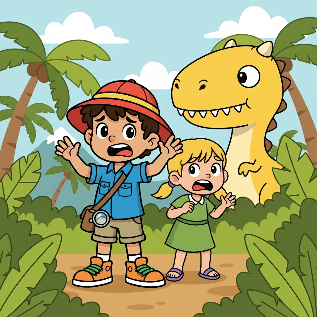 Plotseling hoorden ze een luid GROOOAAAR! De kinderen keken elkaar geschrokken aan. Uit de struiken kwam een baby-dinosaurus!