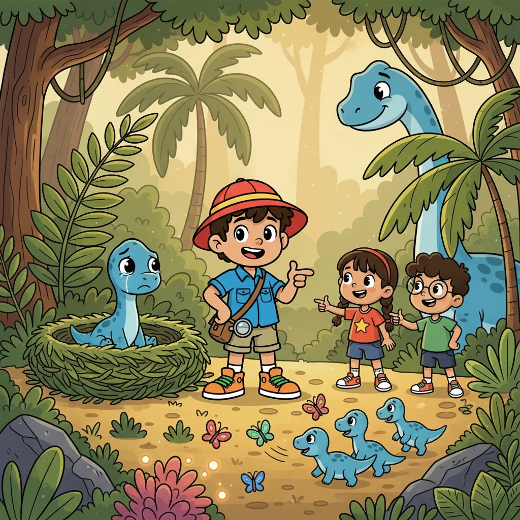 De baby-dinosaurus was verdrietig en alleen. Anas en zijn vrienden besloten te helpen. Ze vonden het nest van de dinosaurus en brachten de baby terug naar zijn familie, waarna ze samen speelden.