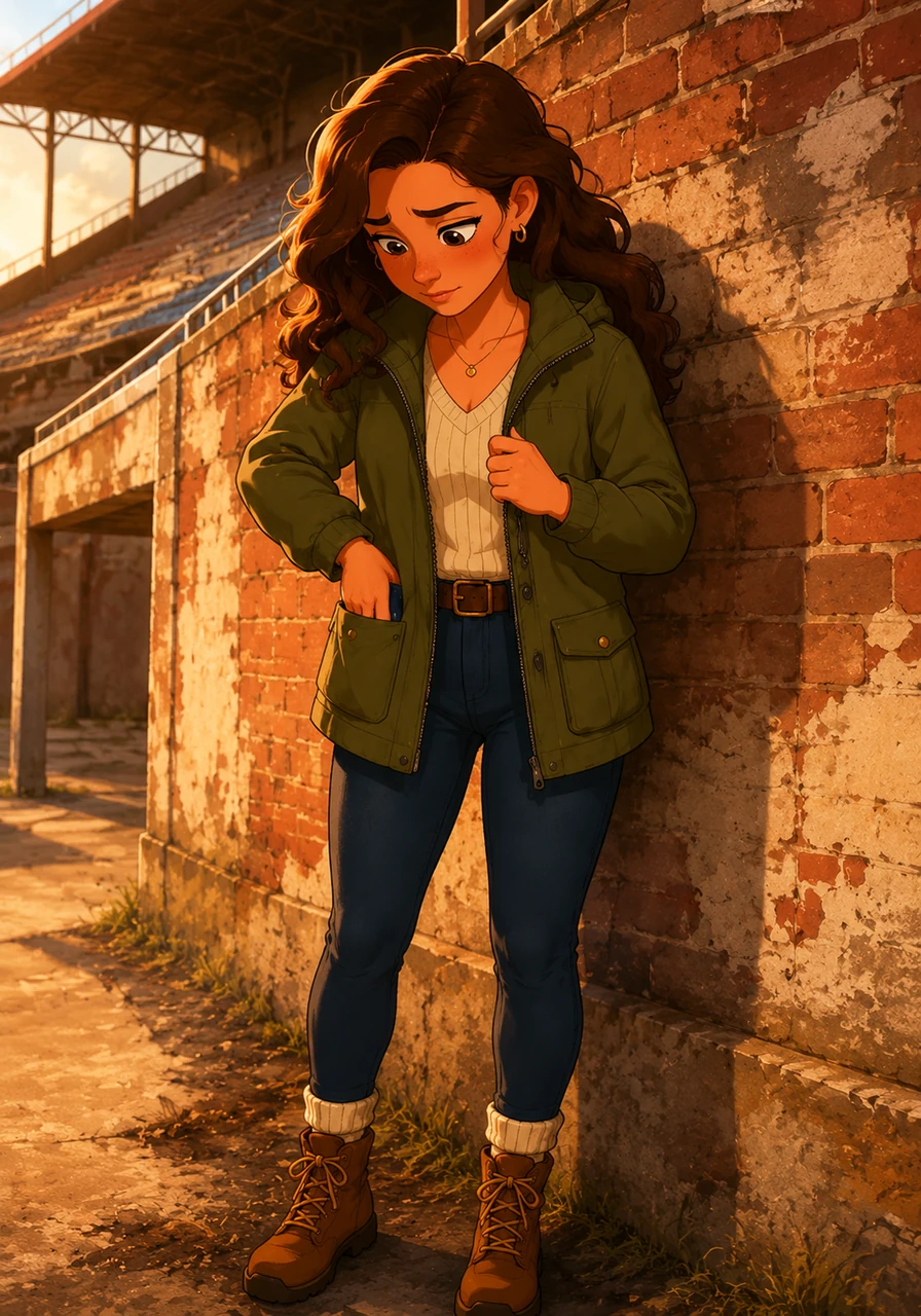 Carson stands alone under warm evening light near an old brick stadium, adjusting a small box nervously in her pocket.
