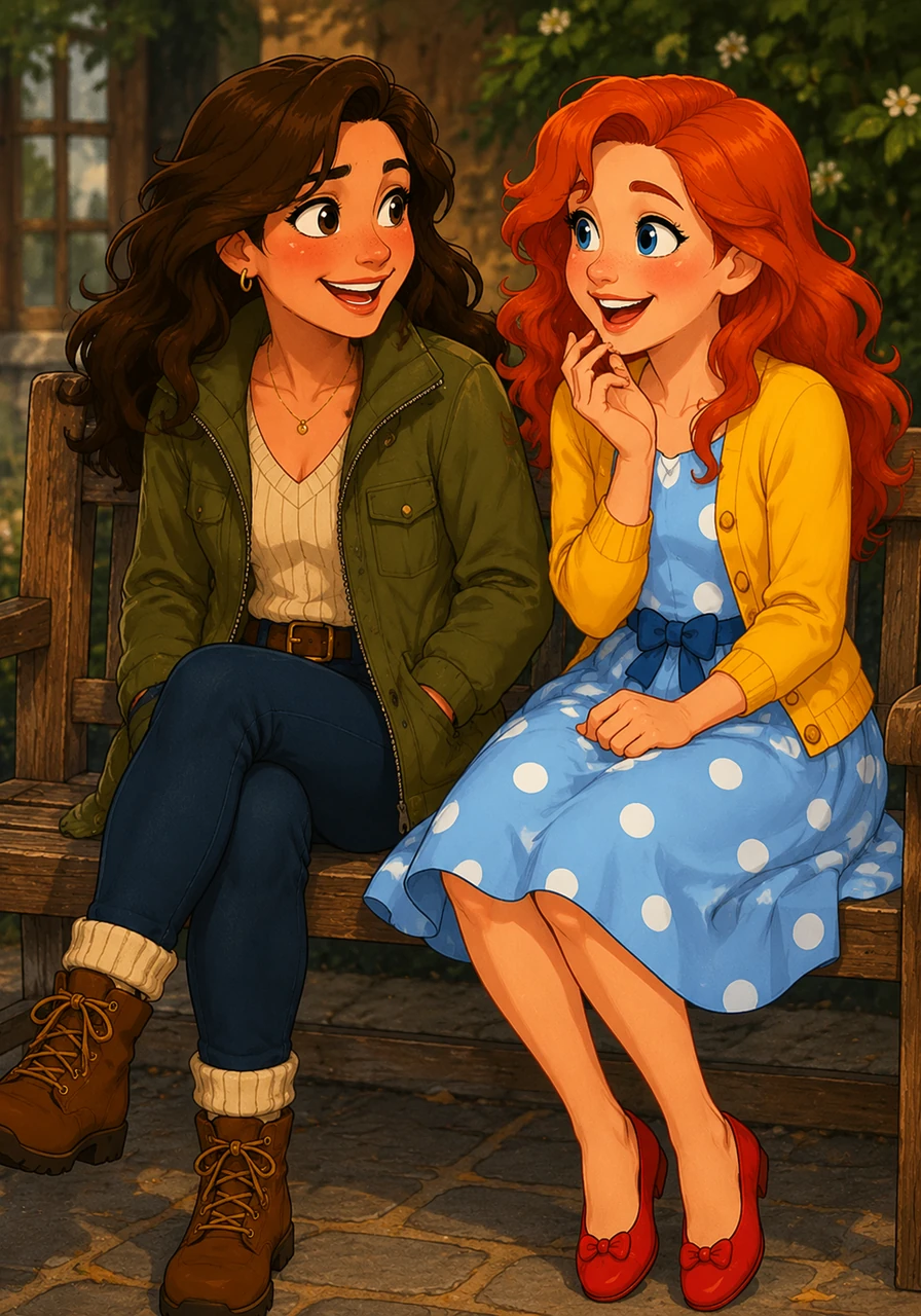 They sit on a wooden bench, talking and laughing, the background slightly blurred.