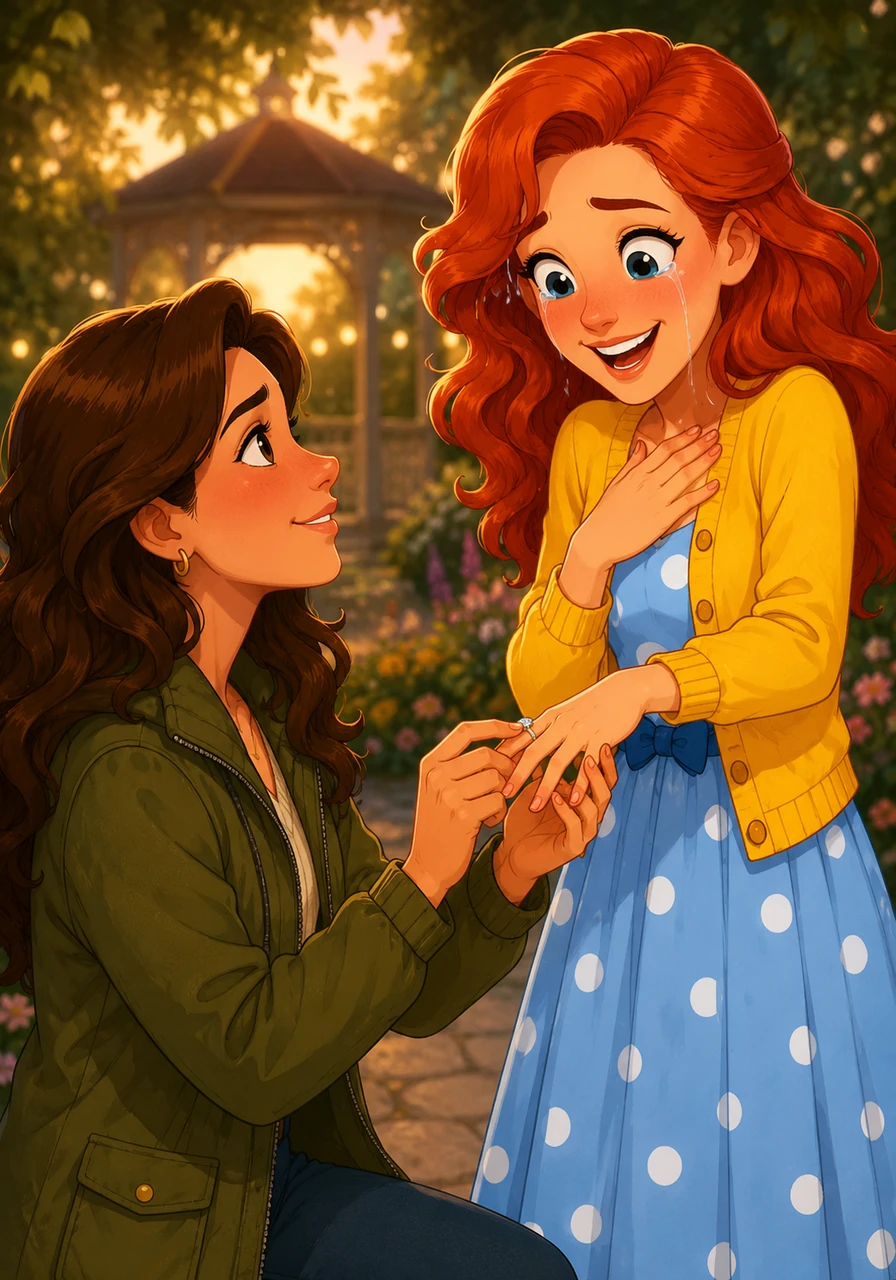 Greta nods vigorously, crying and smiling, and Carson slides the ring onto her finger.