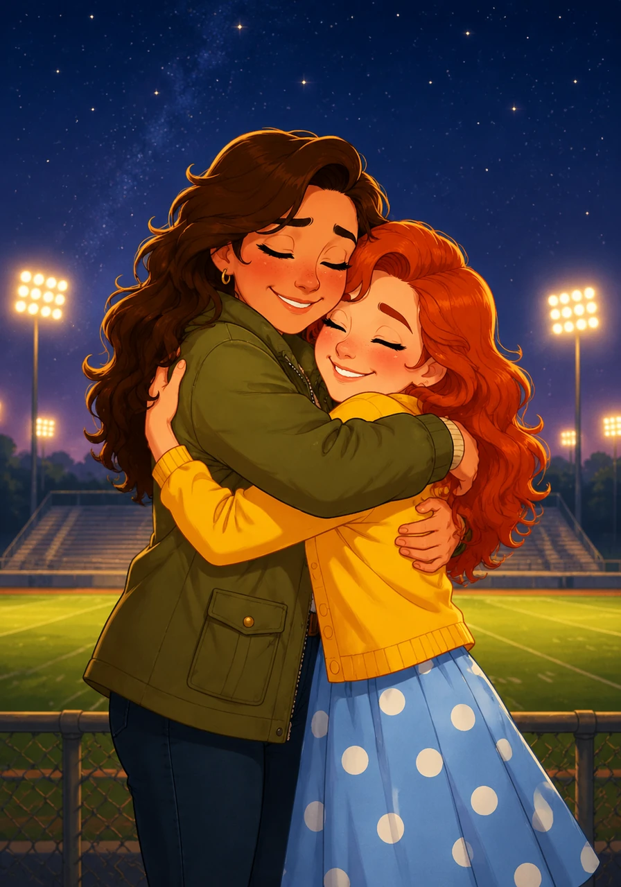 They embrace tightly under the rising stars, the stadium lights twinkling in the distance, a new chapter beginning.