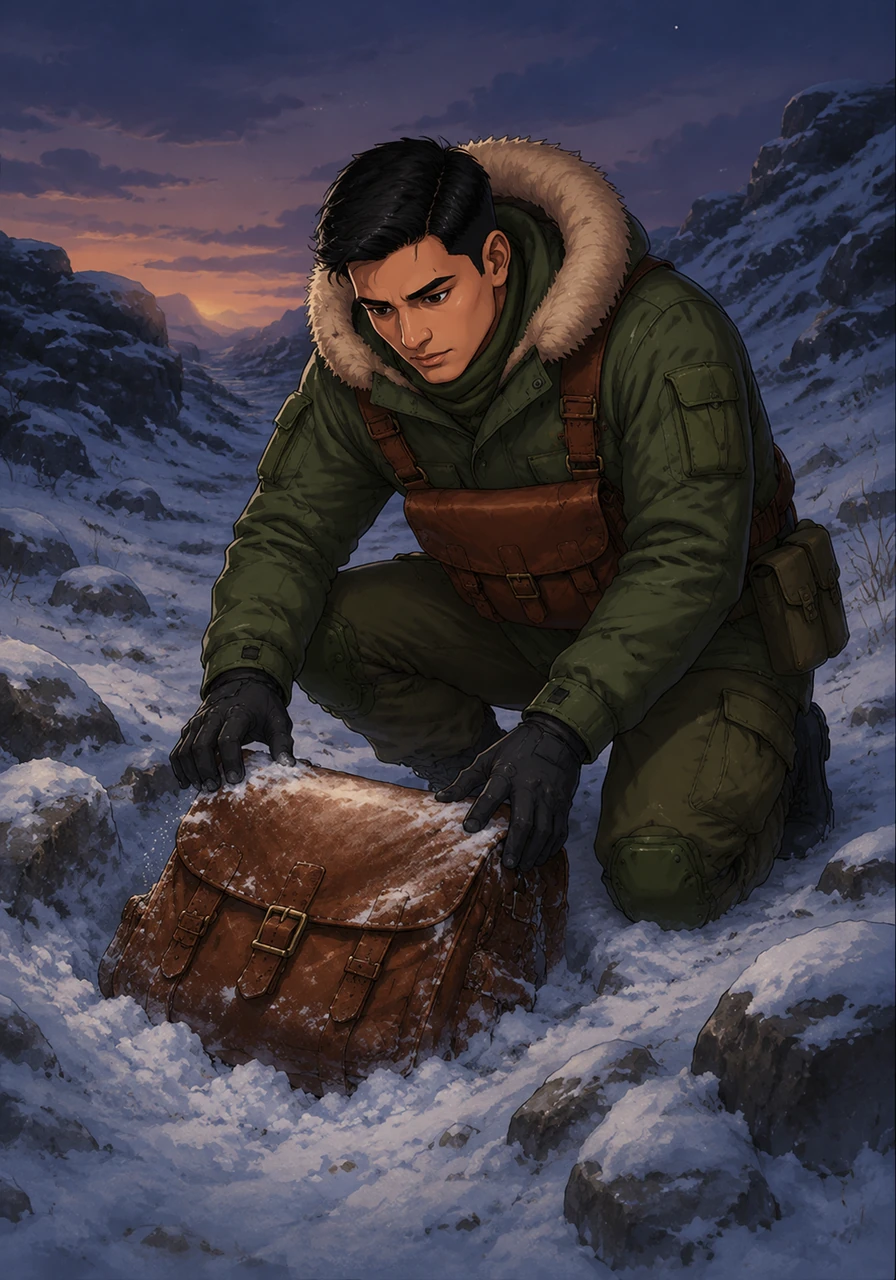 During his evening patrol along a rocky, deserted path, Arjun noticed a heavy leather bag half-buried in the fresh snow. He knelt down carefully, brushing away the frost to reveal a worn but sturdy bag that seemed out of place in the wilderness.