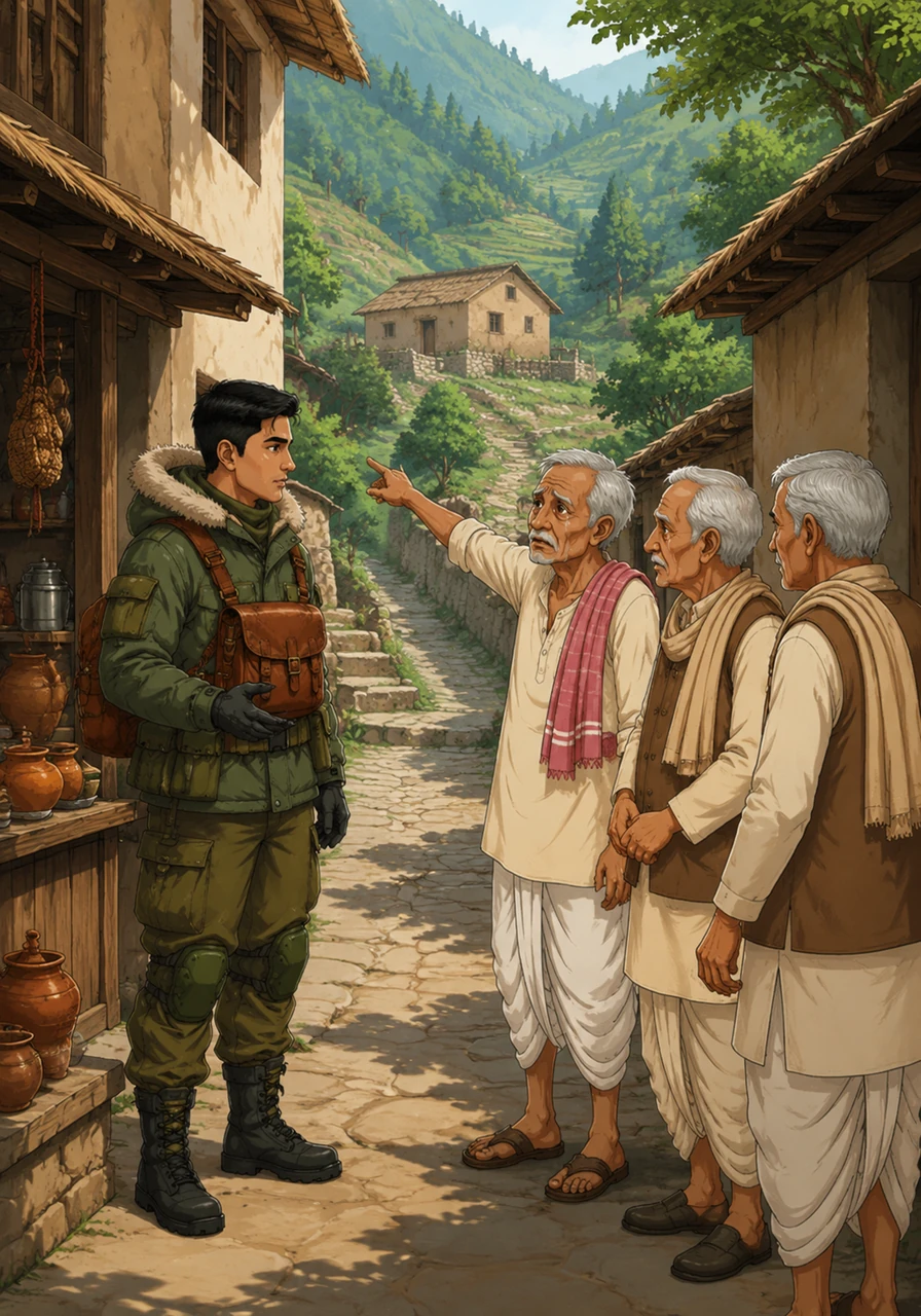 Arjun walked through the narrow, winding lanes of the mountain village, asking local shopkeepers and elders if they knew where Ram Saran lived. The villagers pointed him toward a small, modest mud house at the very edge of the valley.
