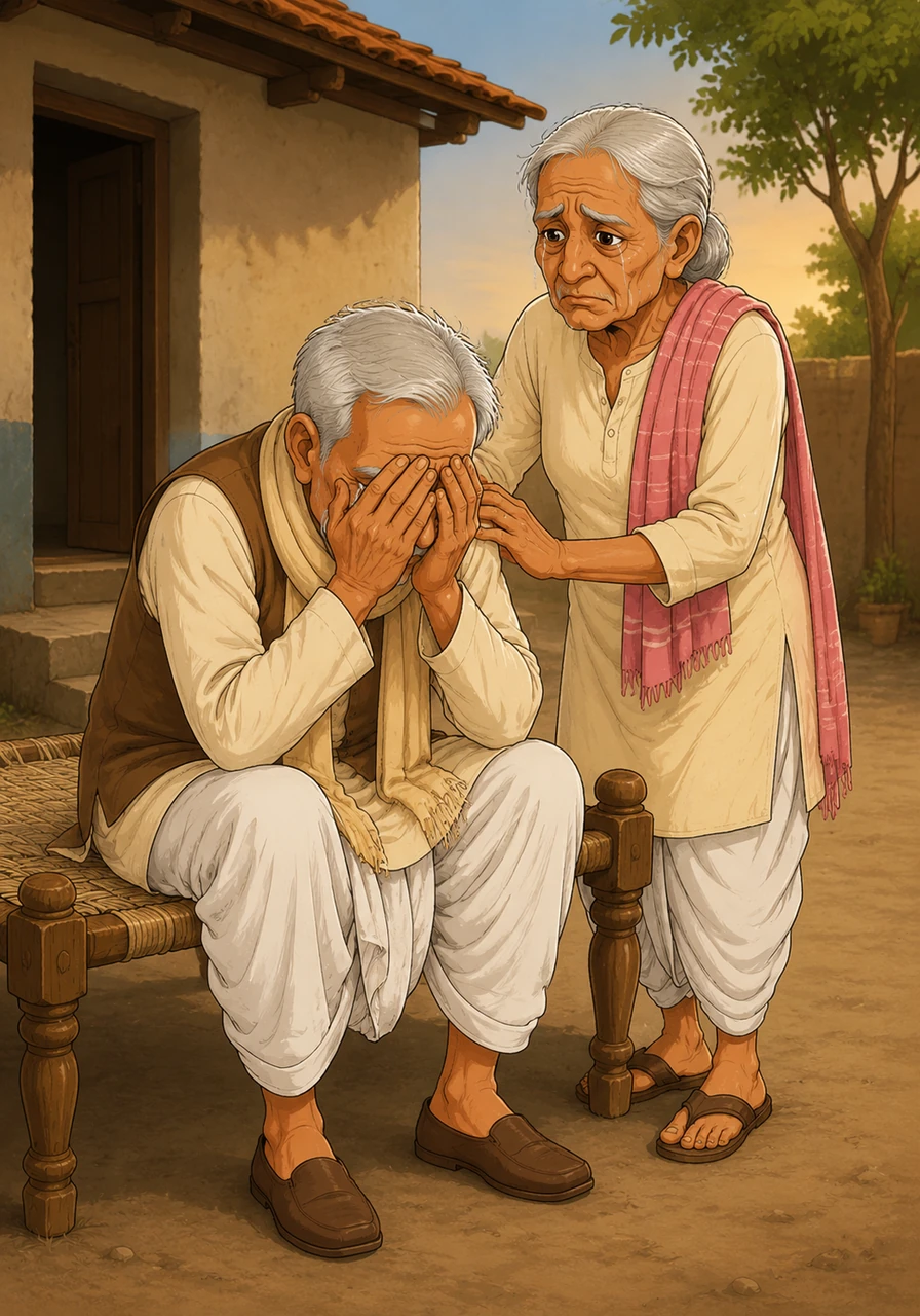 Outside the quiet house, an elderly man sat on a wooden cot, his head buried in his hands as tears trickled down his wrinkled cheeks. His wife stood beside him, trying comfort him, both looking completely heartbroken over their devastating loss.