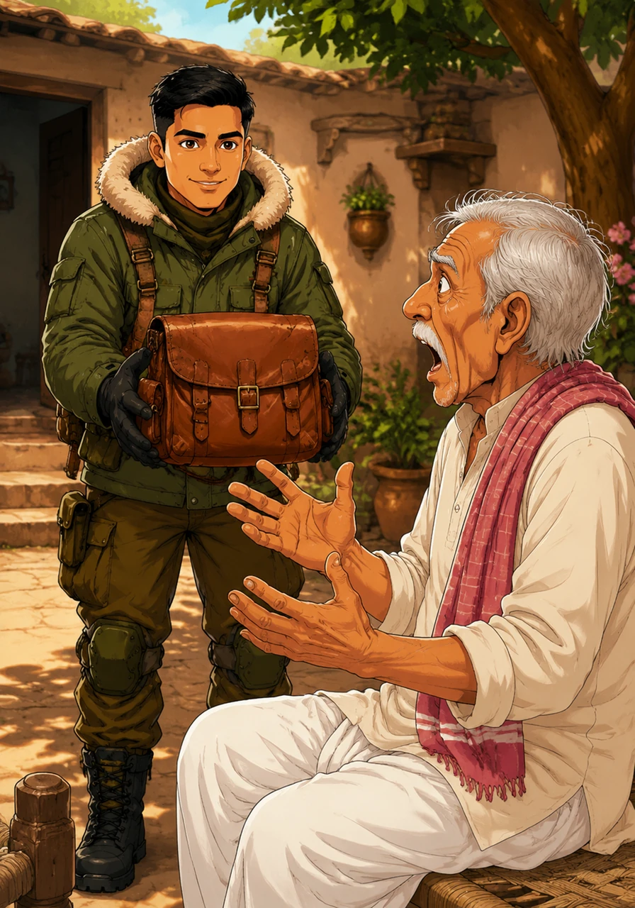 Arjun stepped into the courtyard with a respectful smile, gently calling out to the elderly couple and holding up the leather bag. Ram Saran looked up, his eyes widening in disbelief and absolute shock as he recognized his missing treasure.