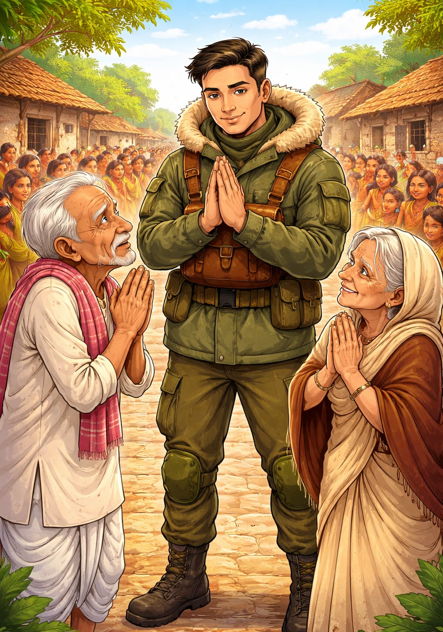 Arjun gently folded his hands and declined the money, stating that serving the citizens was his truest reward as a soldier. The entire village gathered around, cheering for Arjun's honesty, while the elderly couple blessed him from the bottom of their hearts.