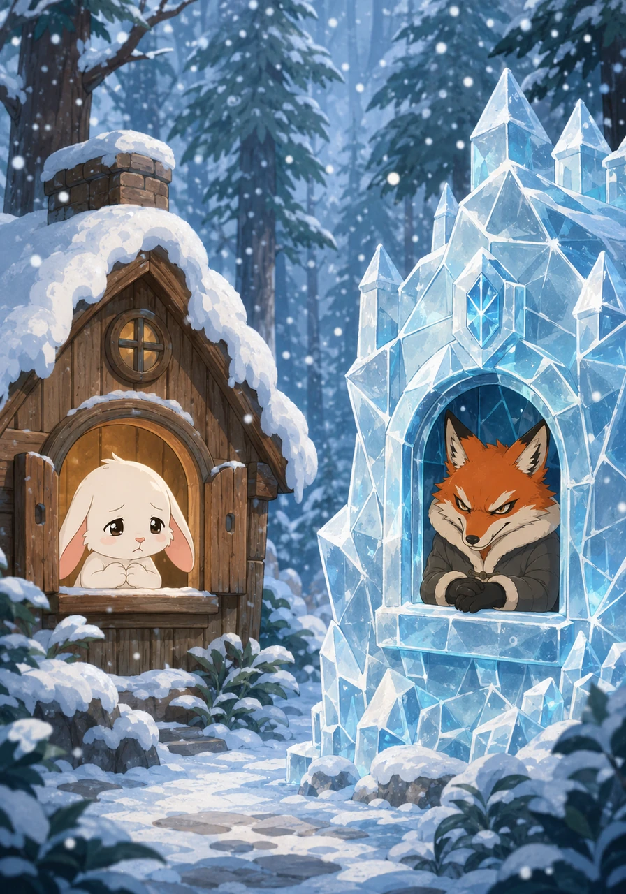 Deep in a lush, green forest, a fluffy little Rabbit lived in a cozy house made of warm wood, while a sly Fox lived nearby in a shimmering house made entirely of ice. They spent the winter days looking out their windows, watching the snowflakes dance in the chilly air.