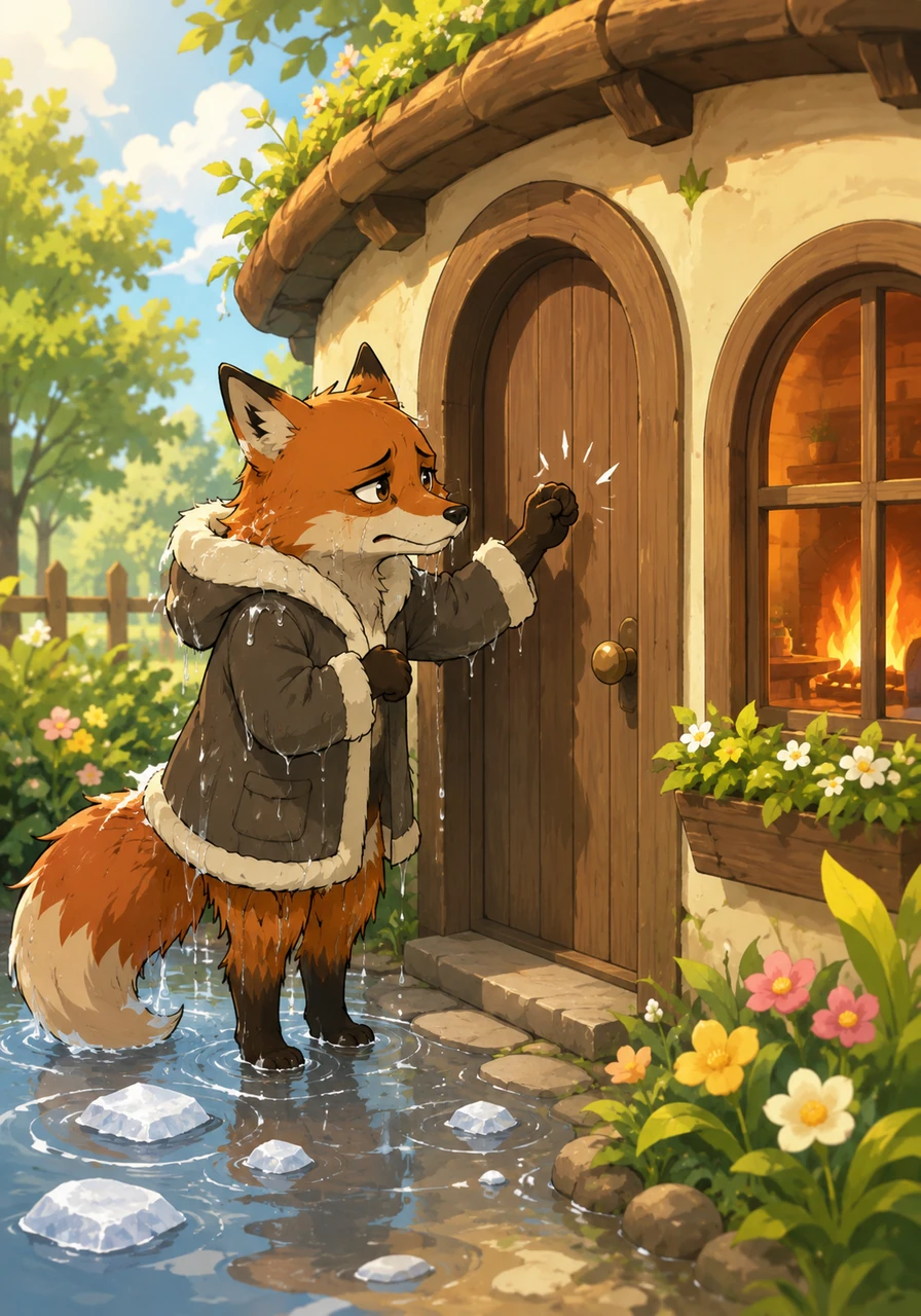 When spring arrived with golden sunshine, the warm breeze completely melted the Fox's icy house into a puddle of water. Stranded and wet, the Fox knocked on the Rabbit's door, begging to come inside to warm up by the cozy hearth.