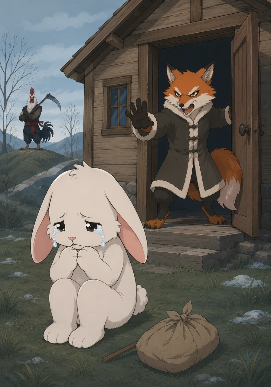 No sooner had the kind Rabbit let the Fox inside than the ungrateful guest turned fierce, snarling and driving the poor Rabbit completely out of his own home. The heartbroken Rabbit sat outside in the cold grass, weeping over the loss of his beautiful wooden house.