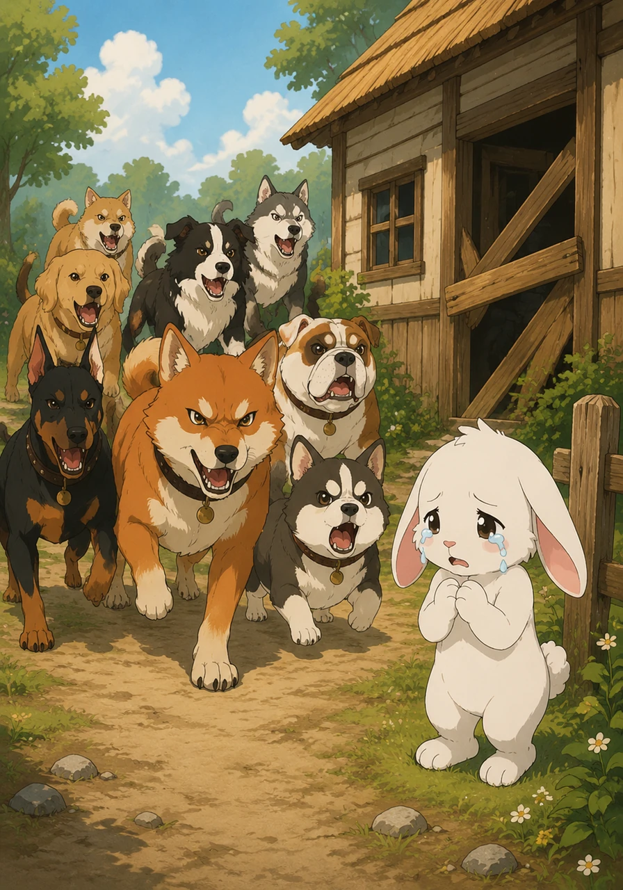 A pack of friendly Dogs trotted by and saw the crying Rabbit, promising to help him get his home back. They marched up to the wooden house and barked loudly, ordering the Fox to leave at once.