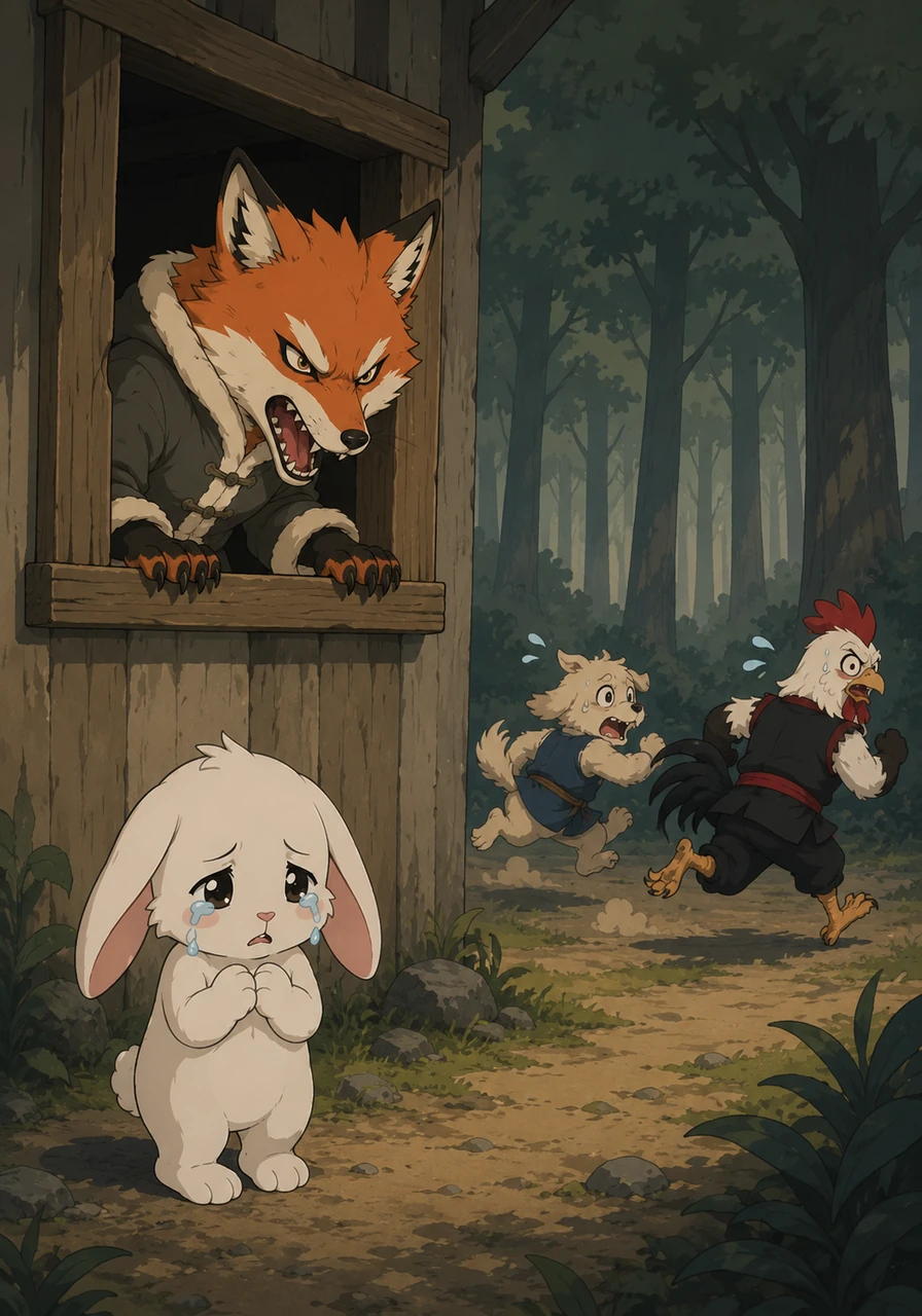 From inside, the fierce Fox leaned near the window and threatened to tear them to pieces if they did not leave. Terrified by the Fox's sharp teeth, the Dogs turned tail and ran away into the deep woods, leaving the Rabbit alone once more.