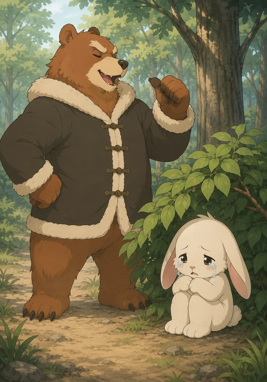 Soon, a large, gentle Bear walked past the bushes and noticed the sobbing Rabbit huddled under a branch. The Bear puffed out his chest and confidently declared that he would easily scare the wicked Fox away.