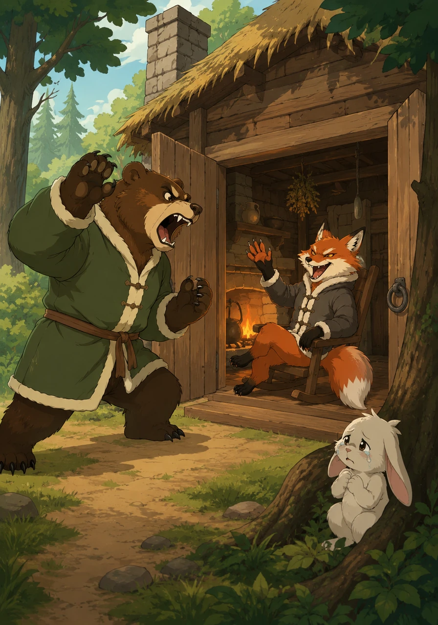 The Rabbit warned the Bear that even the Dogs couldn't scare the Fox, but the determined Bear marched to the cabin and roared with all his might. The Fox merely laughed from the warm fireplace, threatening the Bear with his sharp claws until the frightened Bear ran away too.