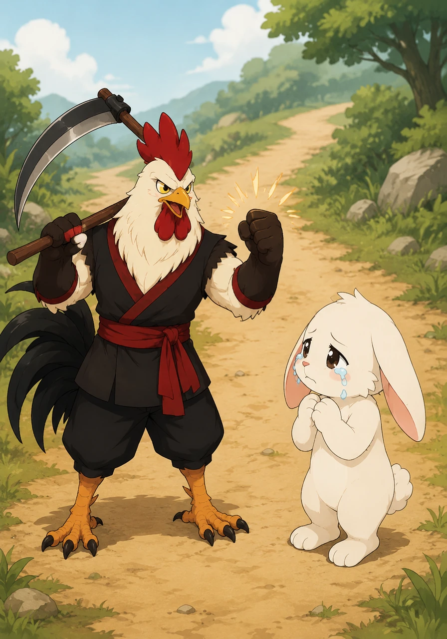 Just as the Rabbit lost all hope, a spirited little Rooster with bright red feathers and a sharp scythe slung over his shoulder came marching down the path. Hearing the Rabbit's sad tale, the Rooster proudly declared that he would evict the mean Fox.