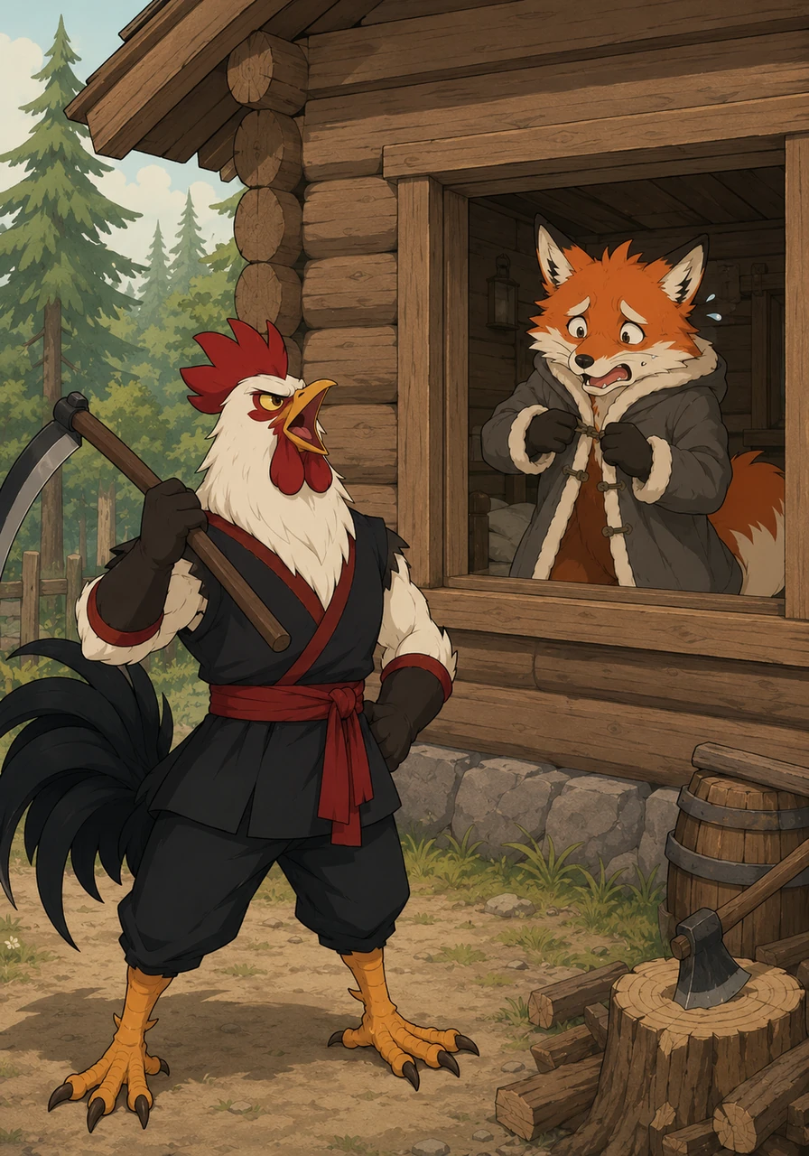 The Rooster marched boldly up to the wooden cabin, raised his voice, and sang a fiery song about his sharp scythe and his quest to punish the wicked Fox. Startled by the Rooster's fierce confidence, the Fox trembled inside and nervously stalled for time, pretending he was still putting on his clothes.