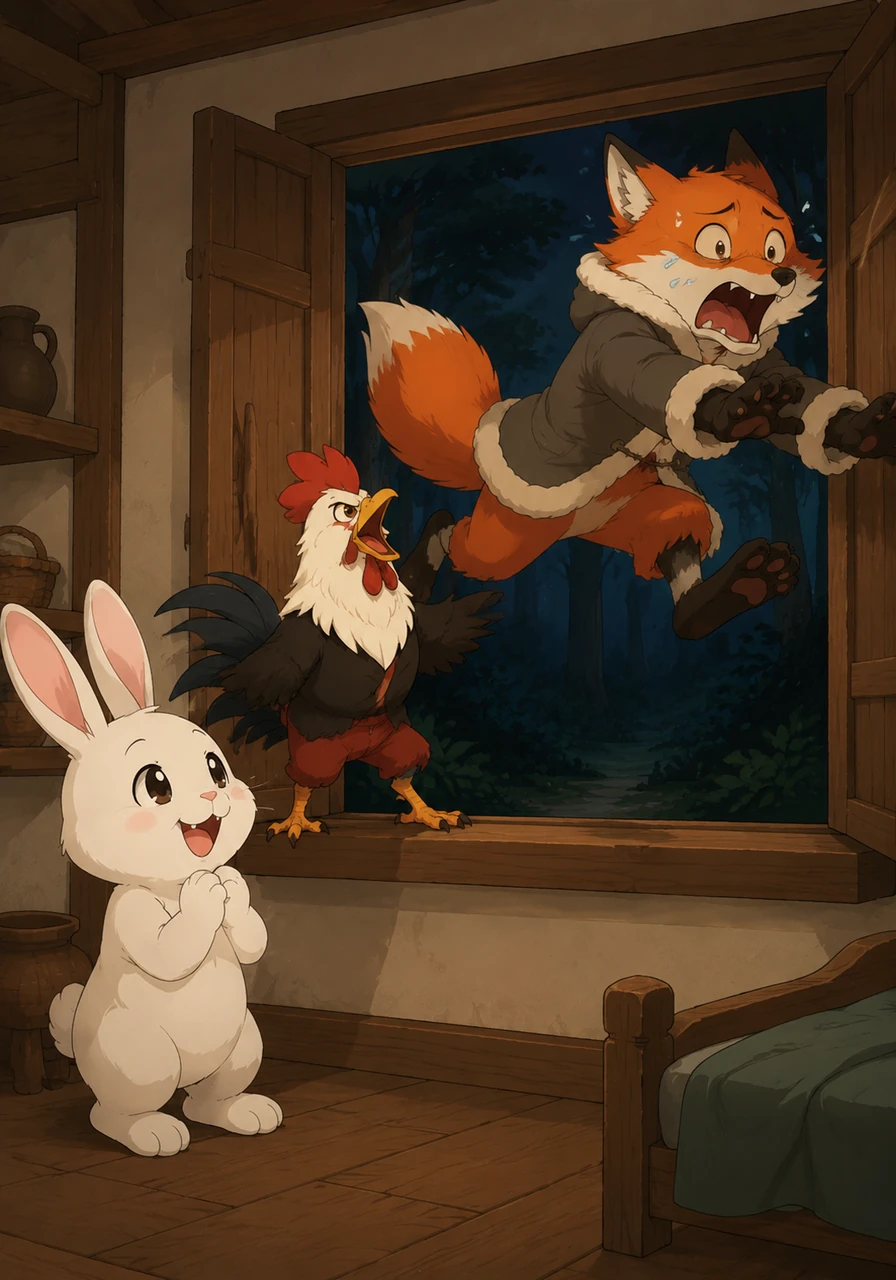 The brave Rooster sang his warning even louder, demanding the Fox leave immediately. Terrified by the little bird's immense courage, the Fox leaped out of the window and sprinted away into the deep forest, leaving the joyful Rabbit to safely return to his home with his heroic new best friend.